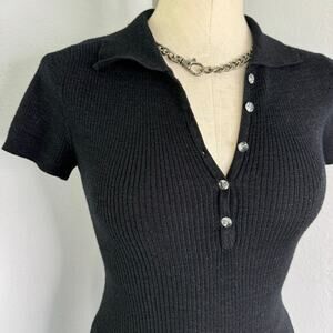 Y2k Sparkly Dark Gray Short Sleeve Polo Henley Top Size Small Wet Seal